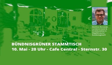 In grün stilisierter Hintergrund der oberen Etage im Cafe Central. Mit Schriftzug Bündnisgrüner Stammtisch am 10. Mai 20 Uhr mit Matthias Borowiak.