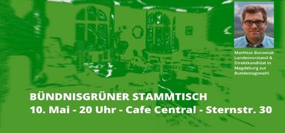 In grün stilisierter Hintergrund der oberen Etage im Cafe Central. Mit Schriftzug Bündnisgrüner Stammtisch am 10. Mai 20 Uhr mit Matthias Borowiak.