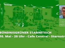 In grün stilisierter Hintergrund der oberen Etage im Cafe Central. Mit Schriftzug Bündnisgrüner Stammtisch am 10. Mai 20 Uhr mit Matthias Borowiak.