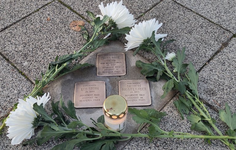 Geputze Stolpersteine von Marta Maria und Leo Stern sowie von Siegbert Hammelburger., geschmückt mit Bl