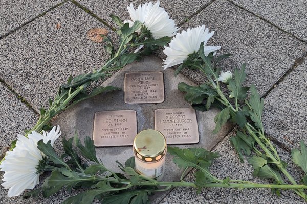Geputze Stolpersteine von Marta Maria und Leo Stern sowie von Siegbert Hammelburger., geschmückt mit Bl
